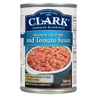 Clark Fèves au lard à la sauce tomate Un tantinet plus costaudes que nos fèves Clark à la sauce tomate, les fèves au lard à la sauce tomate de Clark sont préparées à même cette onctueuse sauce tomate sucrée acidulée. Et, tradition oblige, nous y ajoutons du bon lard bien de chez nous… histoire de leur donner encore plus de goût!