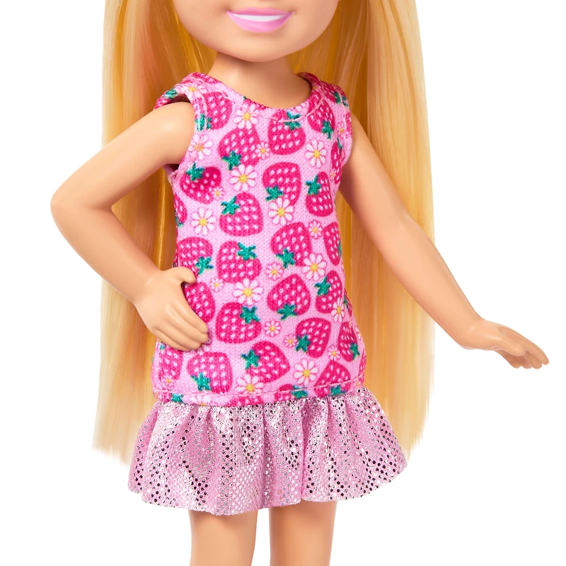 Barbie-Poupée Famille et Amis-Avec cheveux blonds et robe fraises