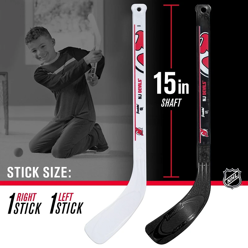 Franklin Sports NHL Devils Mini Hockey Set - Kids Indoor Knee Hockey Goal, Ball, 2 Mini Hockey Stick Combo Set