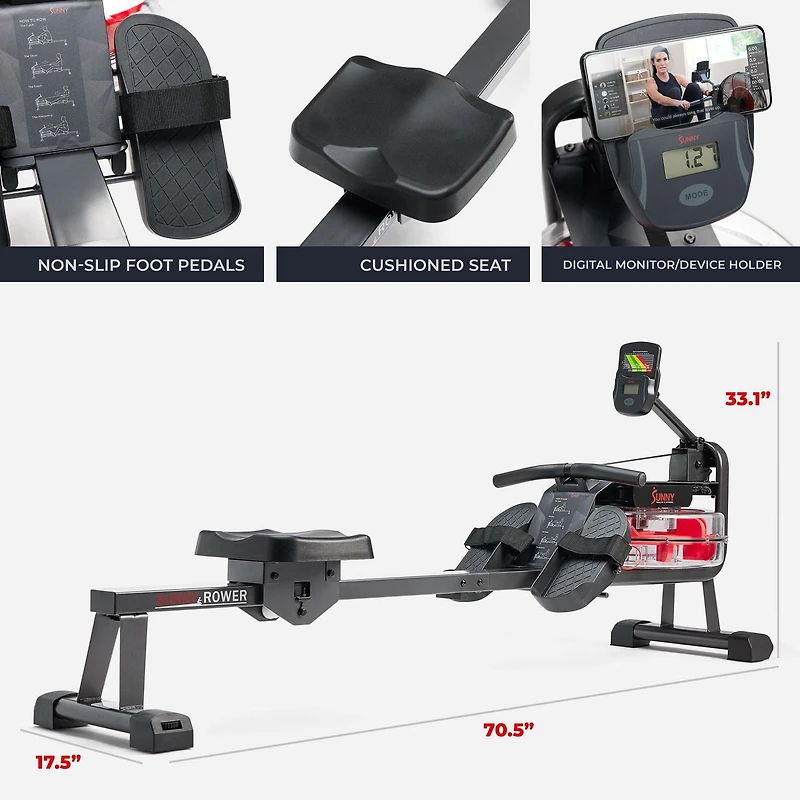 Sunny Health & Fitness Hydro Compact Water Rowing Machine with 6-Level Water Resistance, Elevated Floor Clearance & Exclusive SunnyFit® App Enhanced Bluetooth Connectivity - SF-RW522073…
