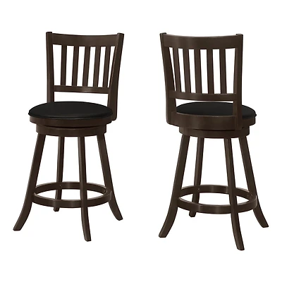 Monarch Specialties Bar Stool, Set Of 2, Swivel, Counter Height, Kitchen, Wood, Pu Leather Look, Brown, Black, Transitional