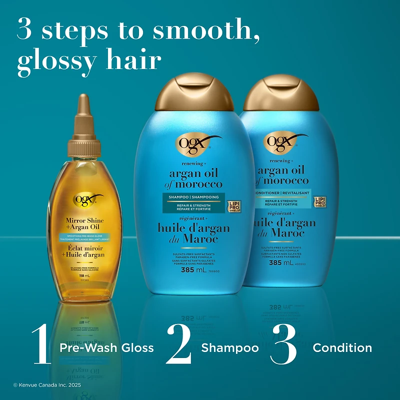 Traitement prélavage brillant à l’huile d’argan OGX Mirror Shine, 118 ml