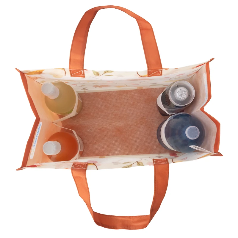 Reusable Shopping Grocery Bag, Seasonal Fall Tote Bag with Bottle Holder, Orange