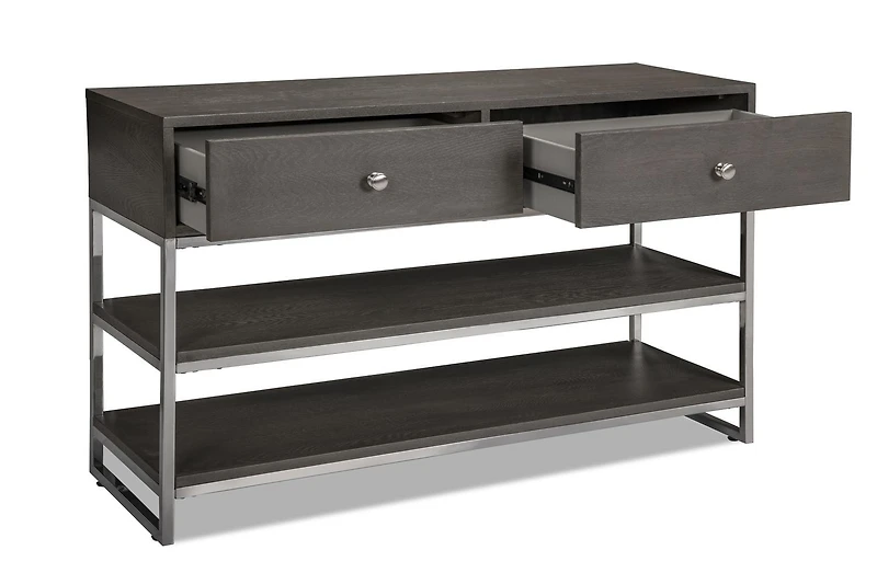 Topline Home Furnishings Grey Sofa with Drawers and Shelving