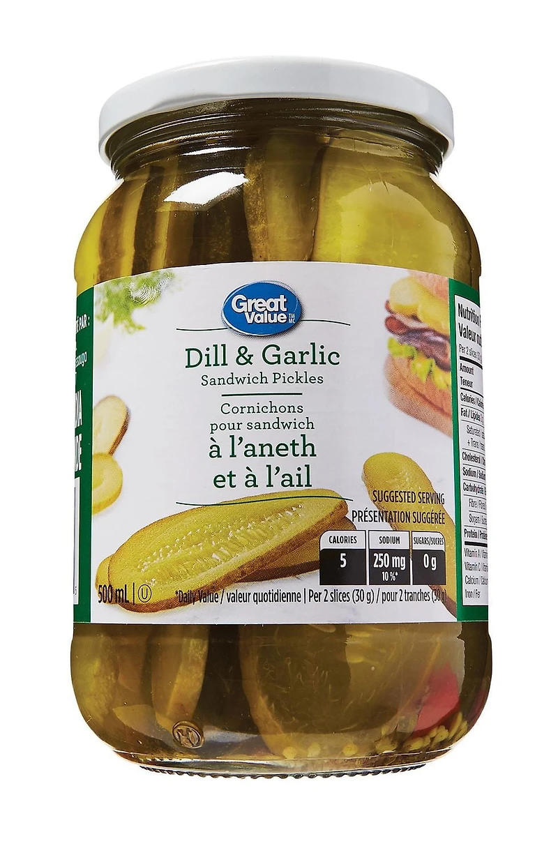 Great Value Cornichons pour sandwich à l'aneth et à l'ail 500 ml