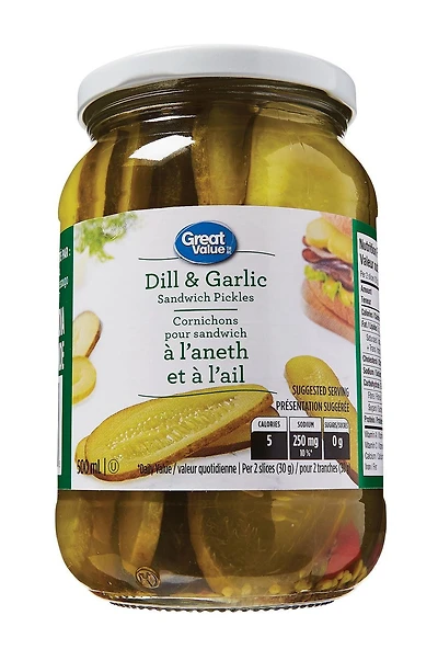 Great Value Cornichons pour sandwich à l'aneth et à l'ail 500 ml