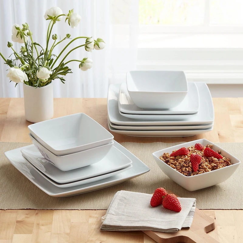 Better Homes & Gardens Loden Square White Dinnerware Set, 12-Pieces, BH G LODEN 12PC SET
