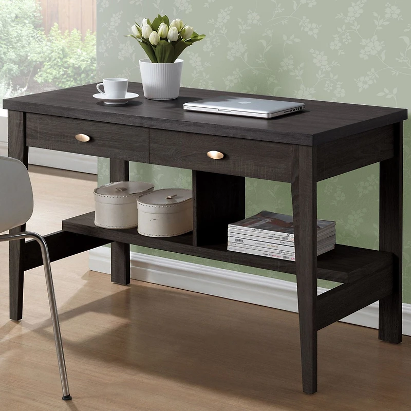 CorLiving Folio Dark Brown Engineered Wood Two Drawer Adult Desk with Lower Storage Shelf