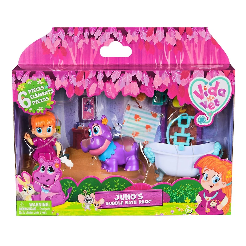 Vida la Véto, Coffret Bain moussant de Juno avec figurine de Vida, figurine de Juno qui change de couleur et accessoires médicaux, jouets pour filles et garçons à partir de 3 ans