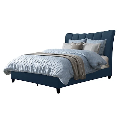 CorLiving Rosewell Adult Full Size Fabric Upholstered Bed with Vertical Channel Tufted Headboard, Navy Blue