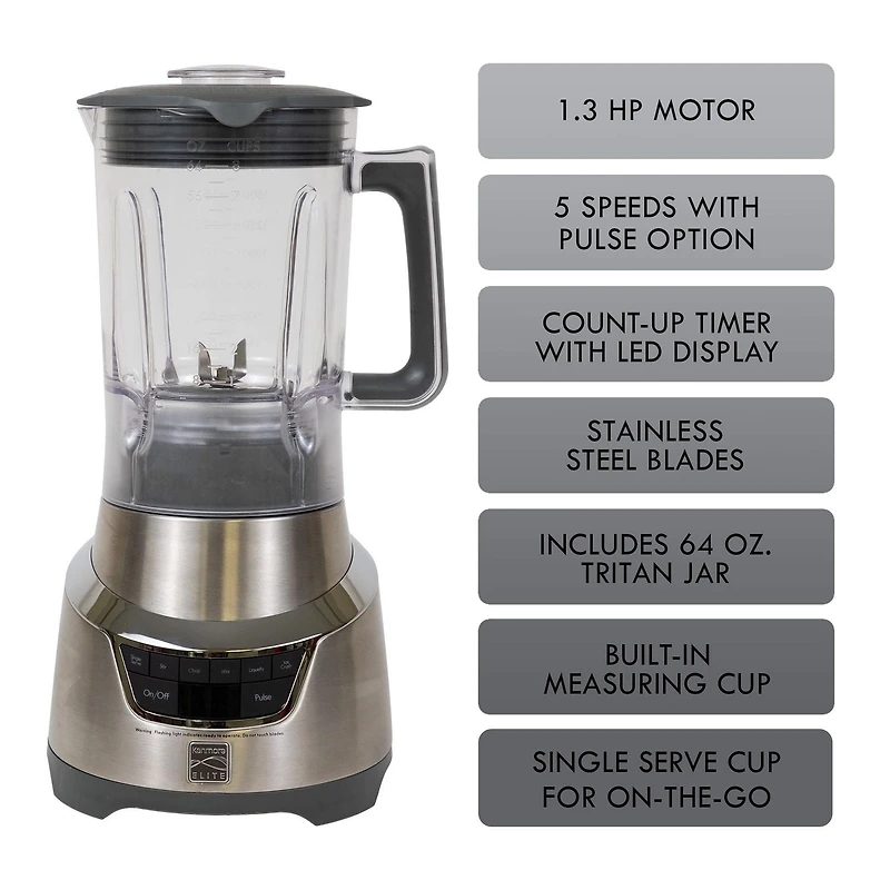 Kenmore Elite Mixeur de Comptoir 5 Vitesses avec Tasse de Voyage, Smoothies, Soupes & Sauces, Design en Acier Inoxydable