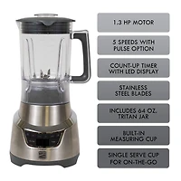 Kenmore Elite Mixeur de Comptoir 5 Vitesses avec Tasse de Voyage, Smoothies, Soupes & Sauces, Design en Acier Inoxydable