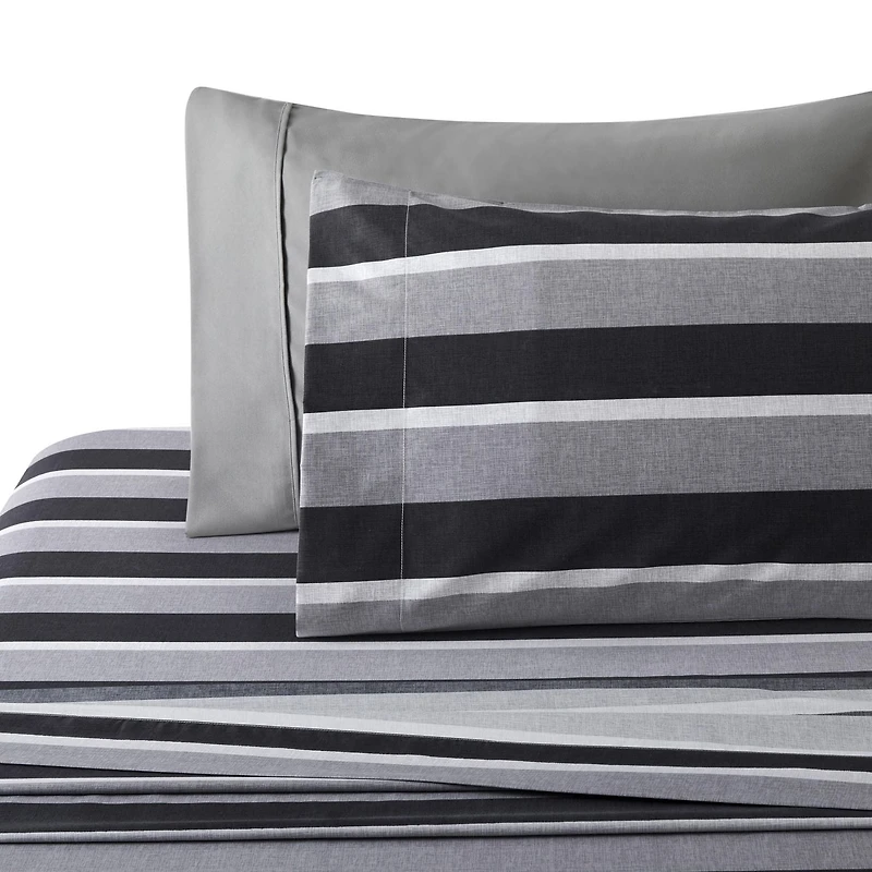 Marina Decoration Ultra Soft Silky Deep Pocket Rich Printed Bedding Rayon from Bamboo All Season Sheet Set with Pillowcases, Black Grey Stripes Pattern