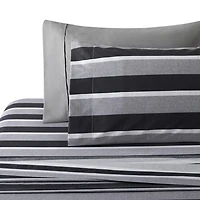 Marina Decoration Ultra Soft Silky Deep Pocket Rich Printed Bedding Rayon from Bamboo All Season Sheet Set with Pillowcases, Black Grey Stripes Pattern