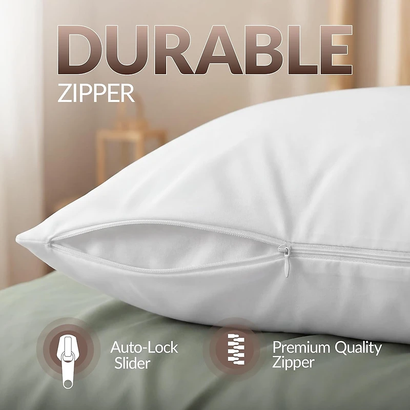 Beddora Queen Size Pack of 2 Waterproof Zippered Pillow Protectors 20" x 30" – Bed Bug & Dust Mite Proof Encasements, Soft Noiseless Pillow Covers