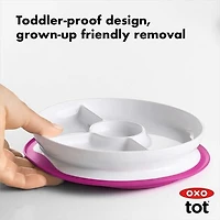 OXO Tot - Stick & Stay Suction Divided Plate - Silicone Base That Sticks Surfaces - Dishwasher Safe - Baby Feeding from 6 Months and Up - Pink - 61121300