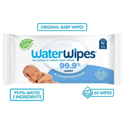 WaterWipes Original 99.9% Water Based Baby Wipes, Unscented, 1 Resealable Pack (60 Wipes)