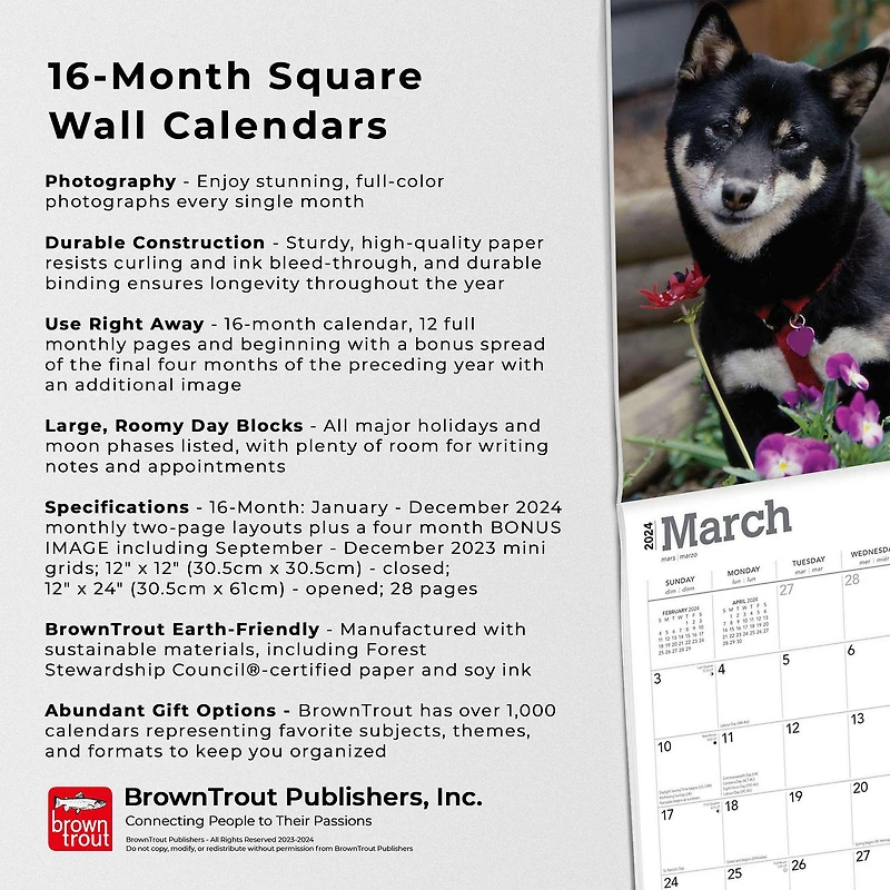 BrownTrout Shiba Inu 2024 12x24 Inch Square Wall Calendar, 9781975465001