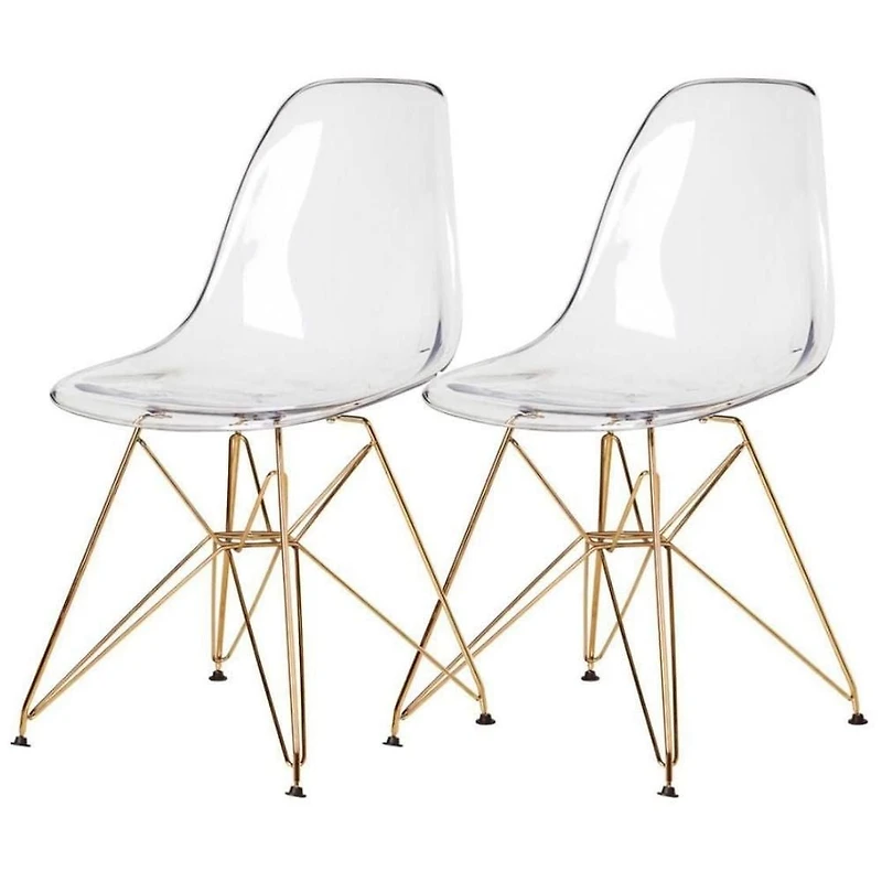 Chaise de salle à manger de style Eiffel avec siège en acrylique et pieds dorés – Lot de 2 chaises transparentes modernes, siège en acrylique transparent, chaises d'appoint élégantes pour salles à man