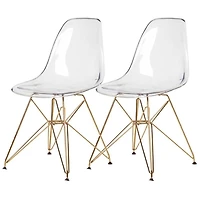 Chaise de salle à manger de style Eiffel avec siège en acrylique et pieds dorés – Lot de 2 chaises transparentes modernes, siège en acrylique transparent, chaises d'appoint élégantes pour salles à man