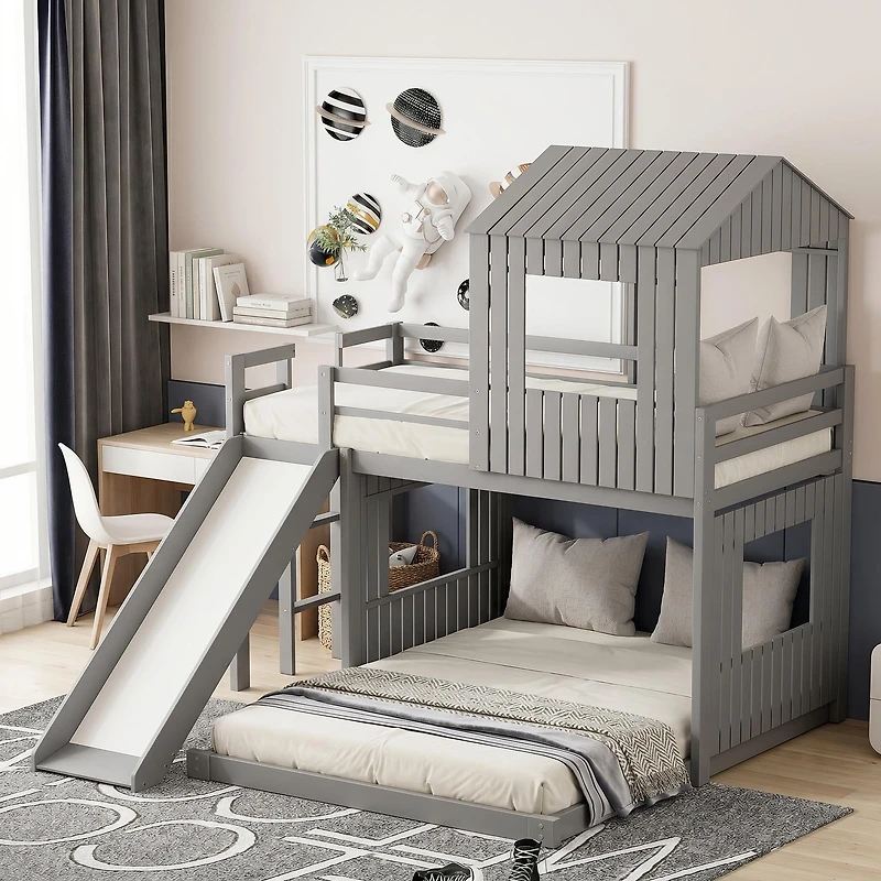Homy Casa Lit superposé simple sur double, lit maison en bois 89 po avec glissade, garde-corps et lattes, gris