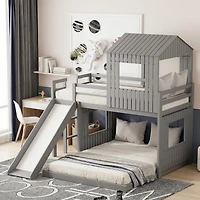 Homy Casa Lit superposé simple sur double, lit maison en bois 89 po avec glissade, garde-corps et lattes, gris