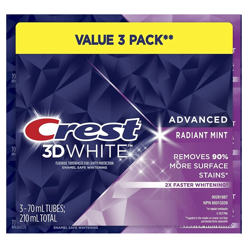 Crest 3D White Advanced Whitening Toothpaste, Radiant Mint, 70- mL, Pack of 3