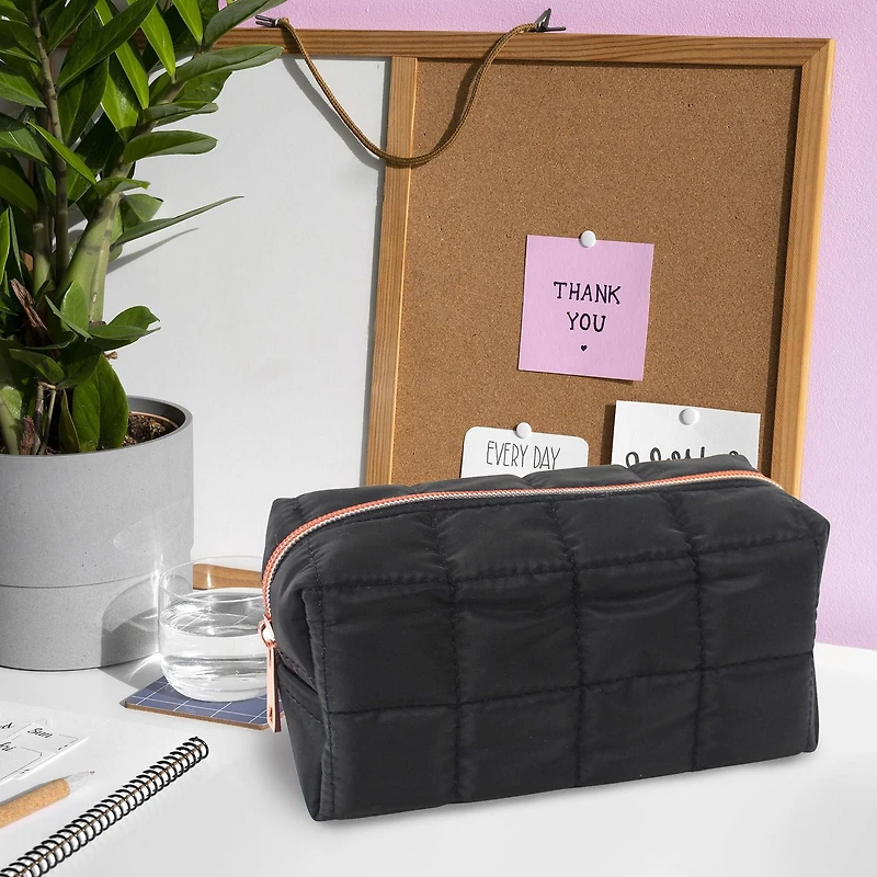 Pen + Gear Padded Squares Pencil Pouch in Smooth Black Polyester with Rose Gold Metallic Zip