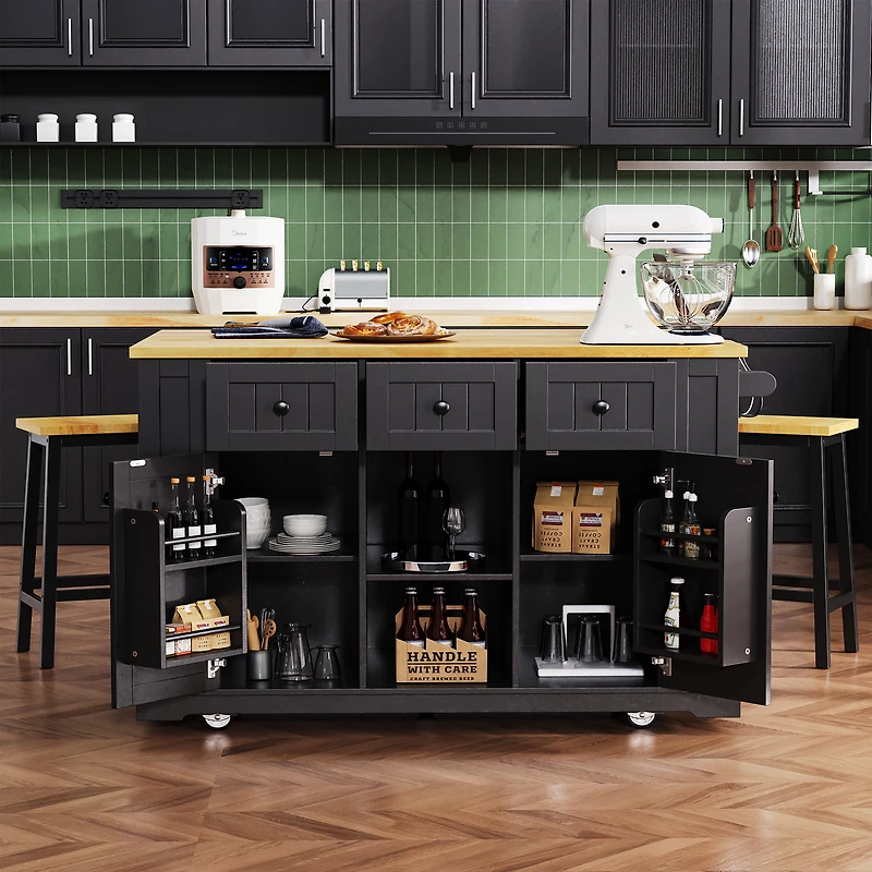 Noble House 53inch Large Kitchen Island with 2 Bar Stools, Power Outlet,Black