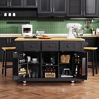 Noble House 53inch Large Kitchen Island with 2 Bar Stools, Power Outlet,Black