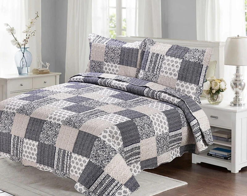 Marina Decoration Rich Printed Embossed Pinsonic Coverlet Bedspread Ultra Soft Bedding Summer Quilt Set with Shams, Navy Blue Plaid Pattern