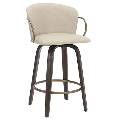Tabouret de Comptoir, 26 po, avec Siège Pivotant, Jeu de 2 Milieu du Siècle en Similicuir et Bois et Métal - Ivoire et Brun et Or Vieilli