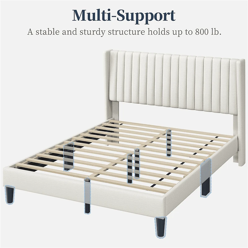 Fullfurnique Upholstered Bed Frame with Wing Side and Channel Headboard, King, Ivory