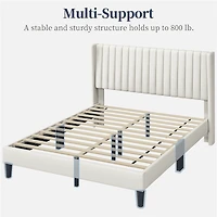 Fullfurnique Upholstered Bed Frame with Wing Side and Channel Headboard, King, Ivory
