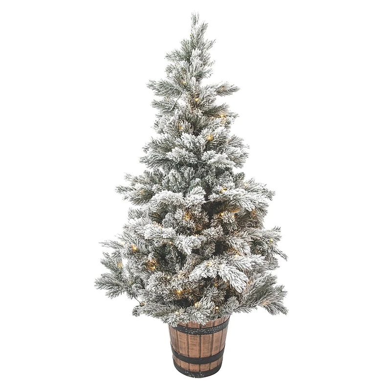 4.5 FT prelit flocked potted pine tree,100 5mm dual led (warm white/multi),8 functions,329 tips