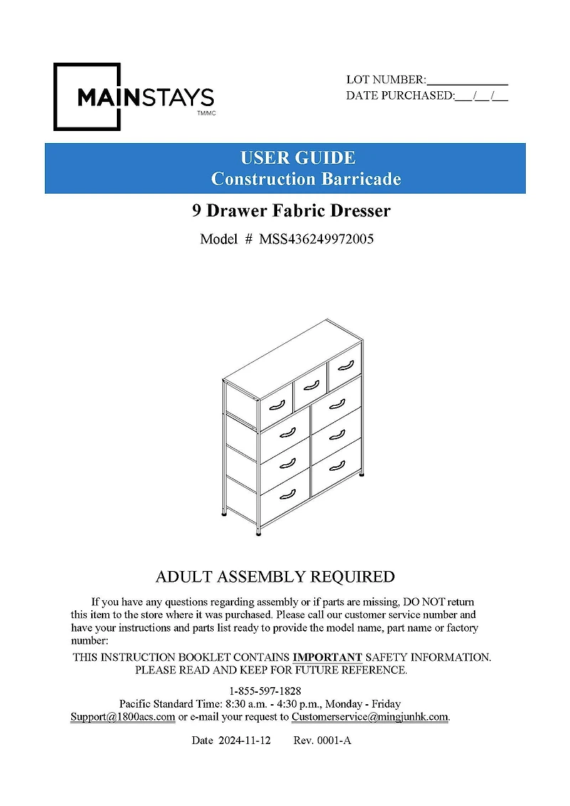 Mainstays 9 Drawer Fabric Dresser, Grey