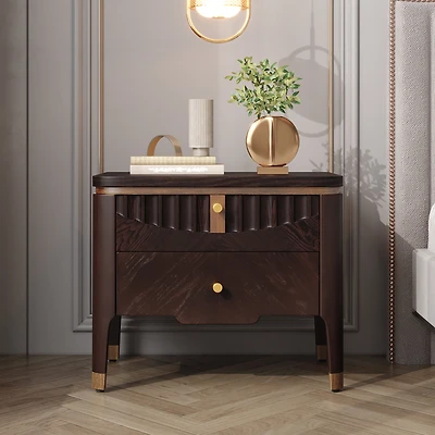 Noble House Modern Nightstand with 2 Drawers, Wave Design Bedside Table with Metal Handles,Dark Brown