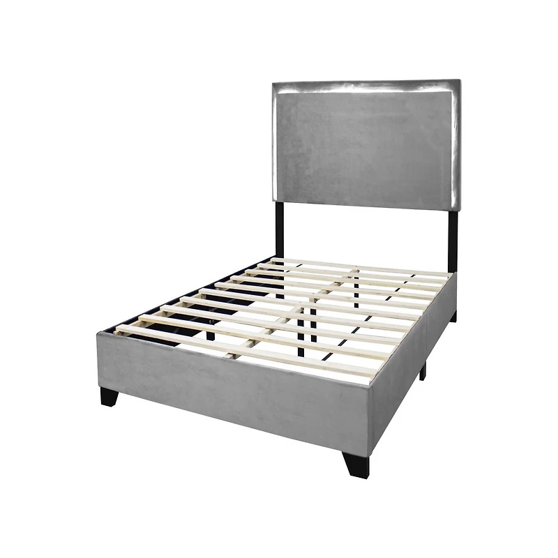 Grand lit plateforme Aerys avec lumières DEL, velours gris