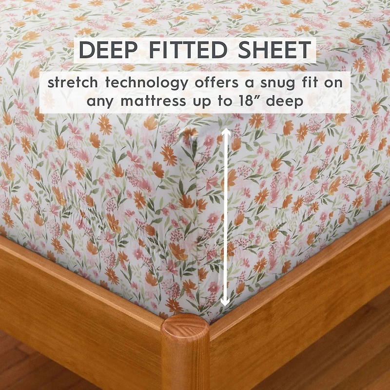 Parure de lit 4 pièces en satin de coton chaud 300 fils Better Homes & Gardens, motif fleurs timides, très grand lit Ensemble de draps en satin de coton 300 fils