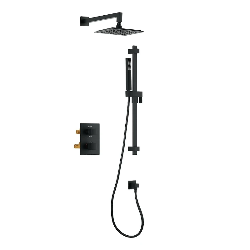 Square 3-functions thermostatic valve. handheld handshower and shower head, or simultaneously, matte black finish