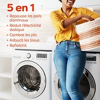 Feuilles assouplissantes méga Bounce Anti-poils d’animaux et anti-peluches avec 3 fois les anti-poils d’animaux, parfum Frais 120 feuilles