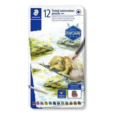 Crayons pour aquarelle teintés de Staedtler 12 couleurs dans une boîte métallique