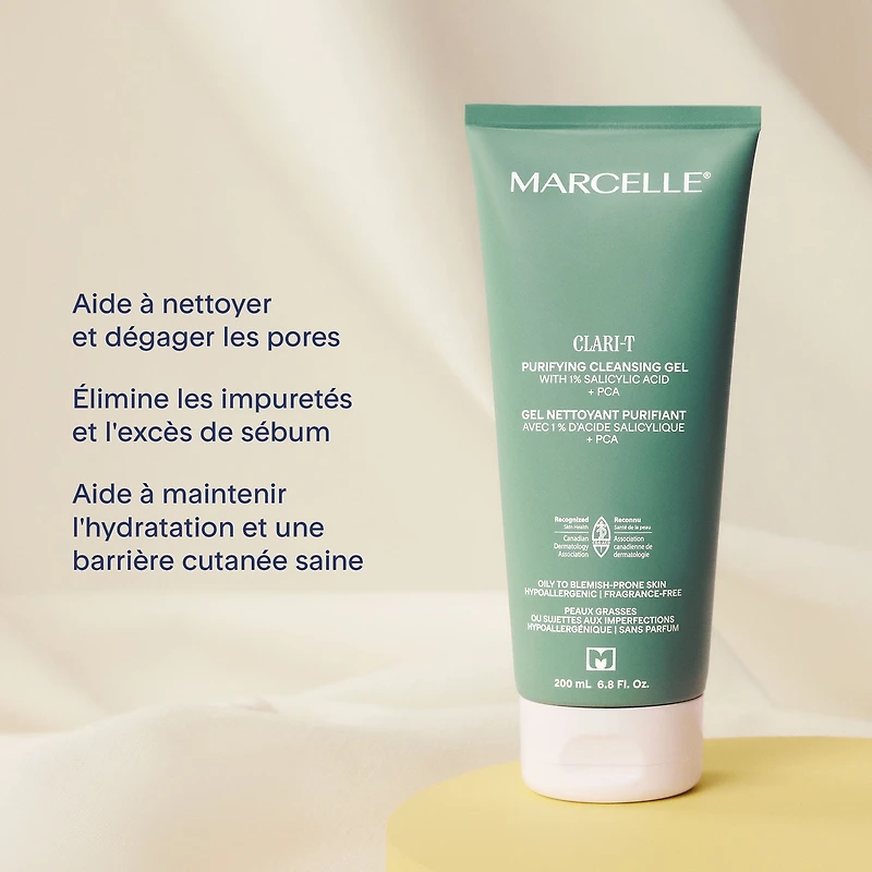 Marcelle Clari-T Gel nettoyant purifiant avec 1 % d'acide salicylique + PCA, 200mL Clarifiant. Exfoliant. Nourrissant.