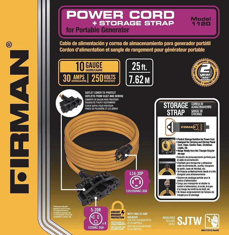 Firman 25FT Cordon d'alimentation L14-30P 30Amp à 5-20Rx4 avec protection de disjoncteur 1120