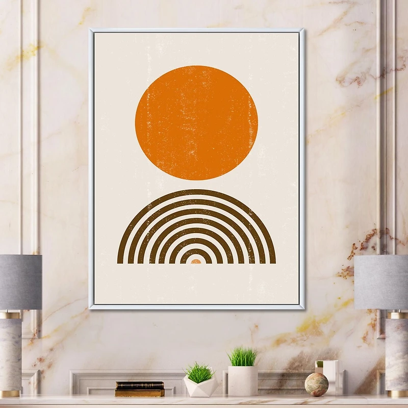 Designart Abstract Minimal Orange Sun and Rainbow I FLOAT FRAME WALL ART