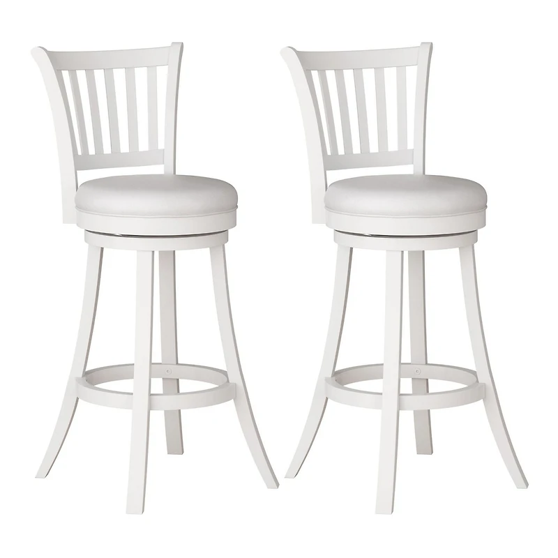 Lot de 2 tabourets de bar pivotants d'intérieur CorLiving Winston blancs avec assise en similicuir et dossier haut à lattes verticales