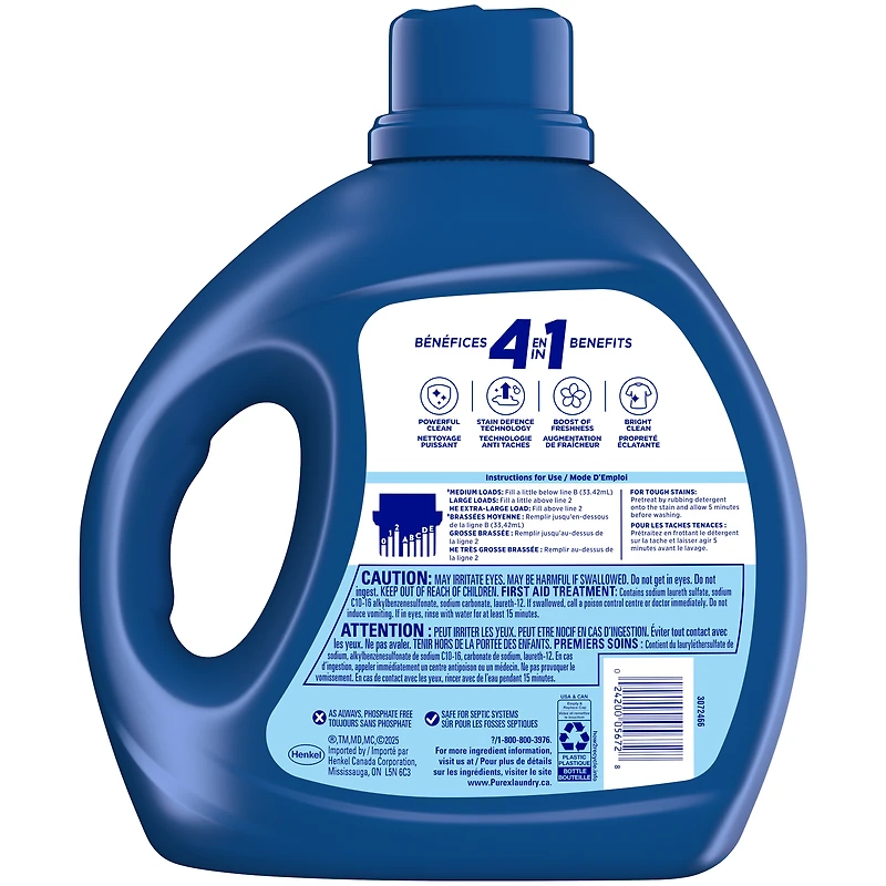 Détergent à lessive liquide concentré avec bénéfices 4-en-1, Purex Rocky Mountain Breeze, puissant contre les taches, ravive les vêtements, 3,85 l, 115 brassées, compatible avec les laveuses HE