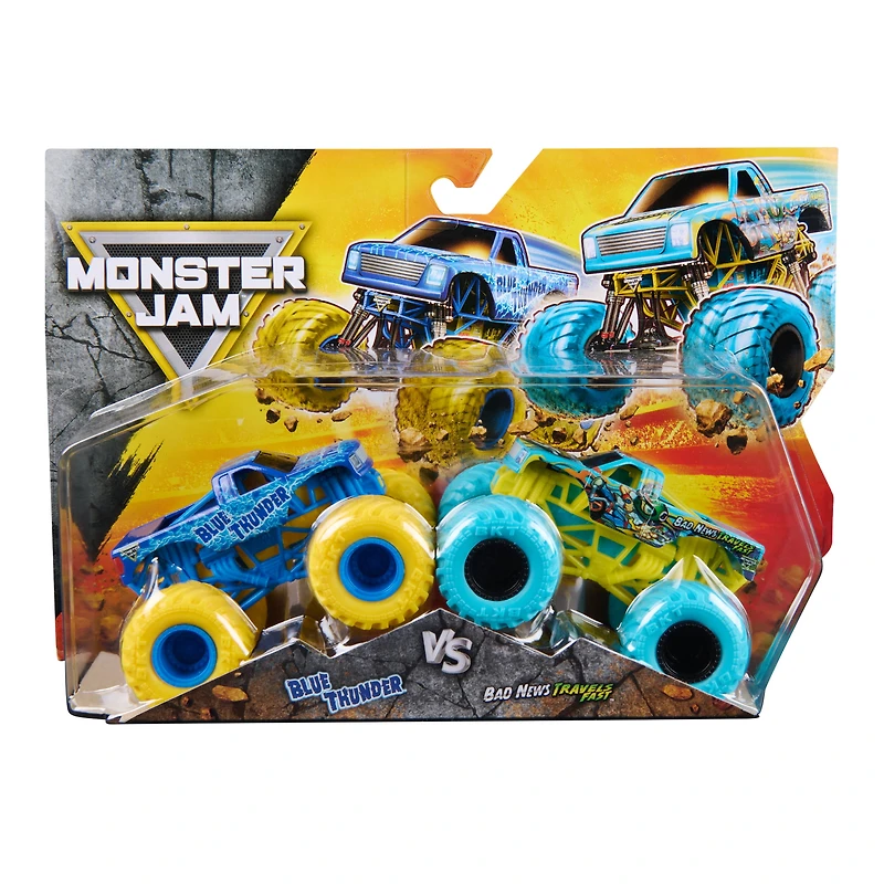 Monster Jam, Blue Thunder Vs. Bad News Travels Fast Die-Cast Monster Trucks, 1:64 Scale, Kids Toys for Boys Ages 3 and up