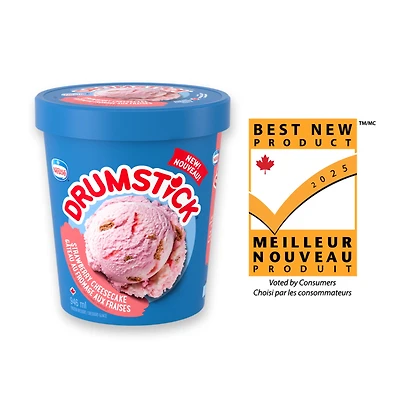 Drumstick Gâteau au fromage aux fraises, dessert glacé au gâteau au fromage aux fraises avec tourbillon aux fraises et morceaux de biscuits graham, confectionné au Canada, fait de produits laitiers canadiens, sans colorants artificiels 946 mL