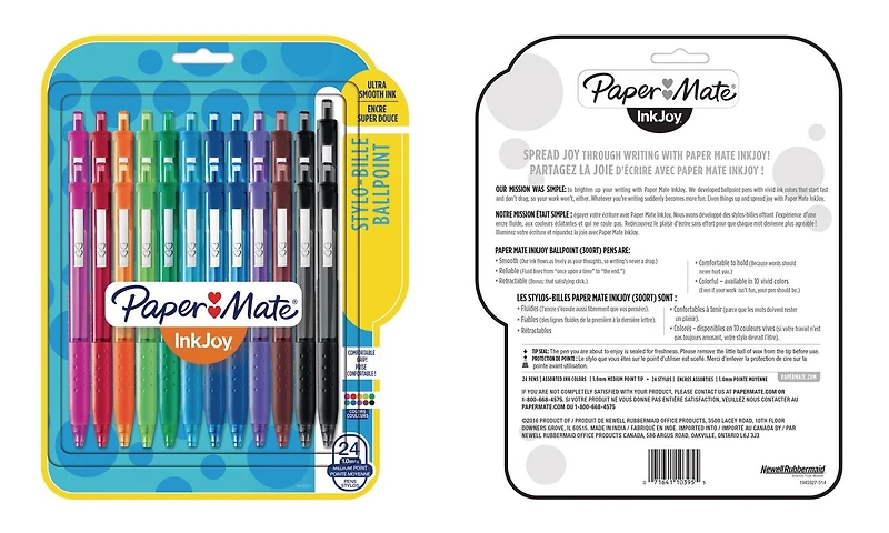 Stylos à bille Paper Mate InkJoy 300RT, stylos rétractables, pointe moyenne (1,0 mm), couleurs assorties 24 unités